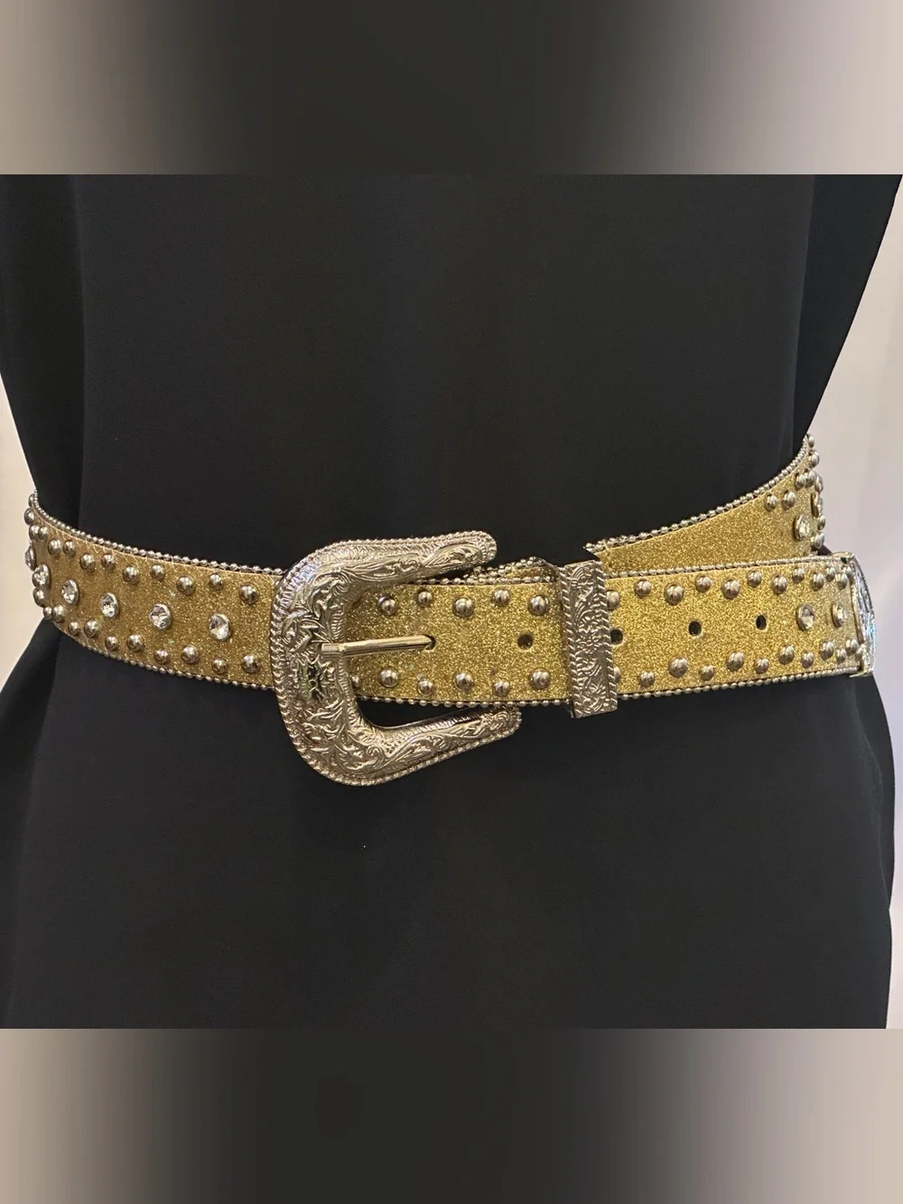 GUESS J Western Gold Studded / Silver Buckle Rhinestone Belt Size Small
